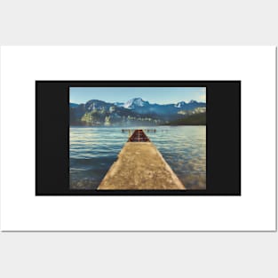 sea jetty and mountain view in winter Posters and Art